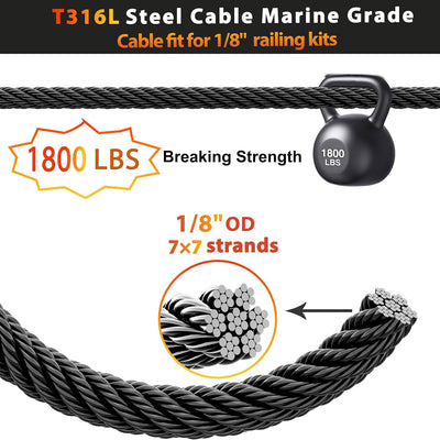 Cuerda alambre negro 100ft acero inox 1/8pulg barandilla