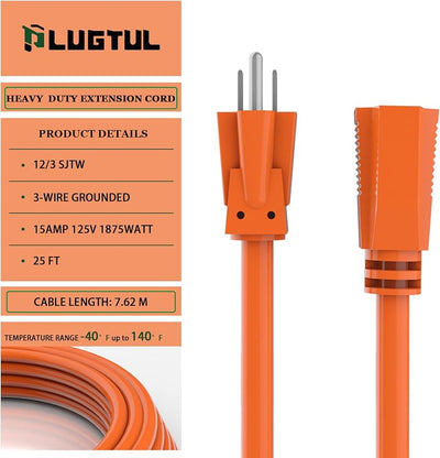 Cable extensión 12/3 25ft impermeable jardín hogar naranja