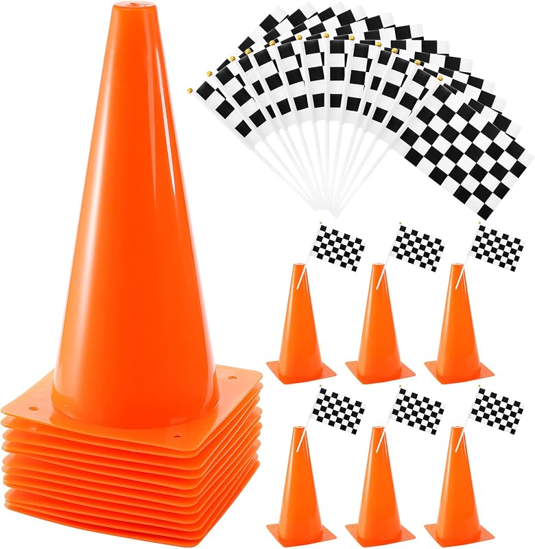 12 Conos Plástico 12.5pulg Banderas Cuadros Naranja