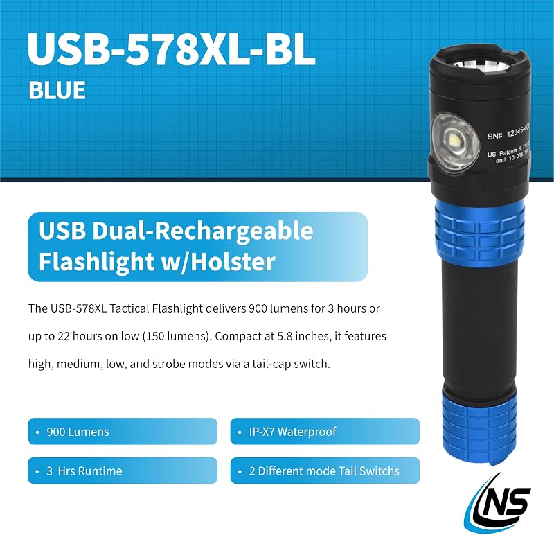 Linterna recargable USB metal dual-light azul