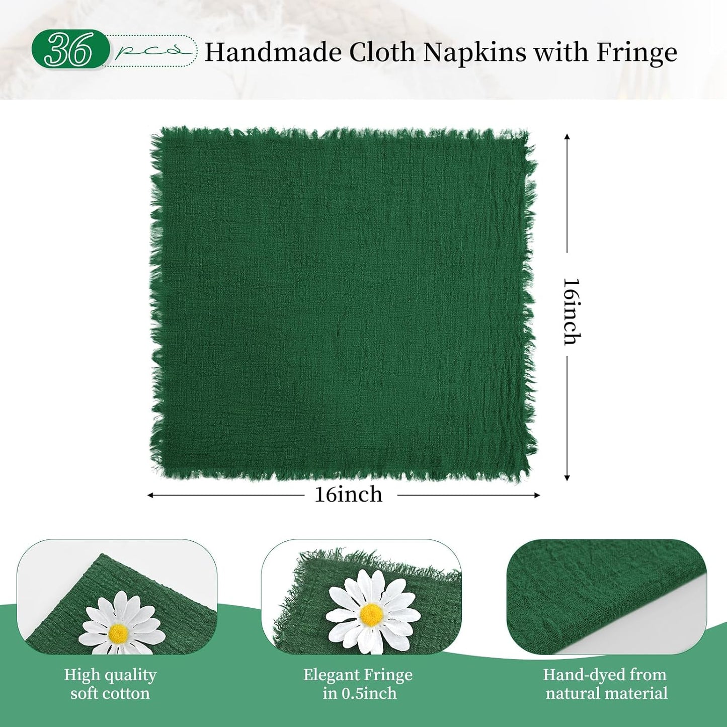 36 Servilletas Tela Algodón Lino 16x16pulg Hechas a Mano Flecos