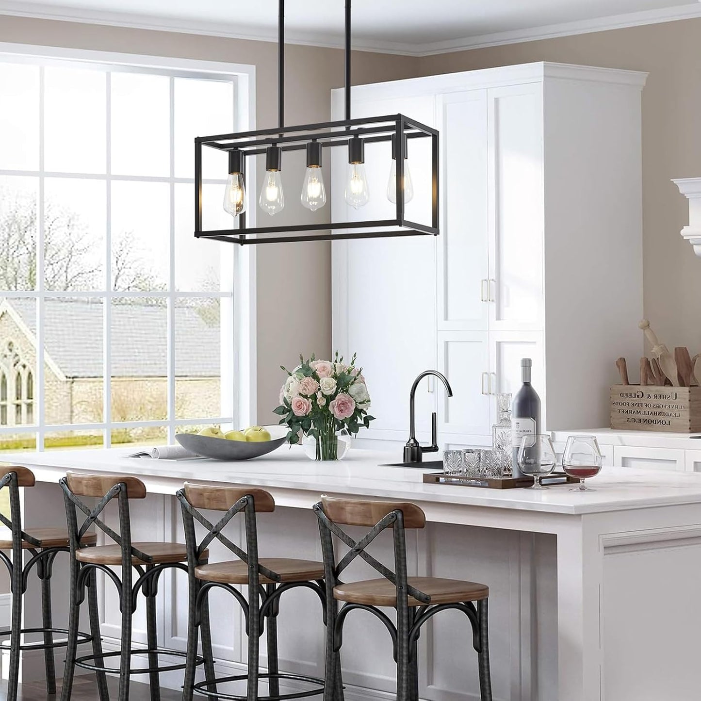 Lámpara cocina 5 luces estilo granja negra colgante E26