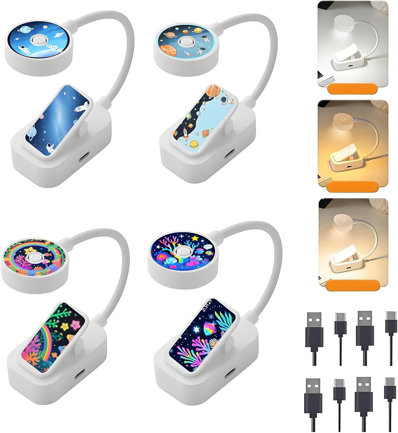 4 Luces libro recargables brillo ajustable 3 colores