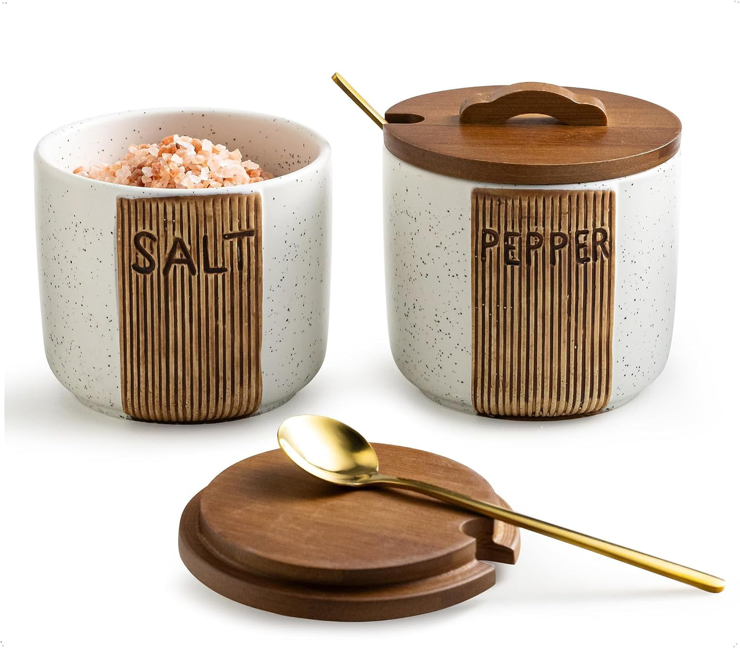 Tazón sal y pimienta cerámica 10oz con tapa cuchara estilo granja