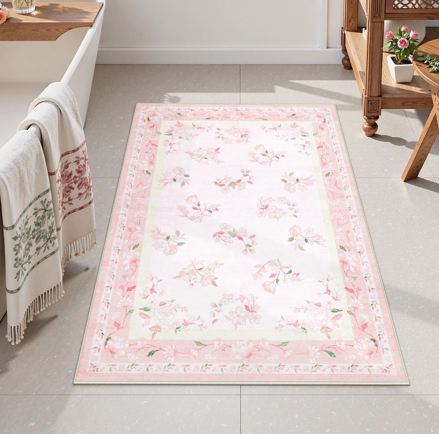 Alfombra entrada floral rosa 2x3pulg antideslizante