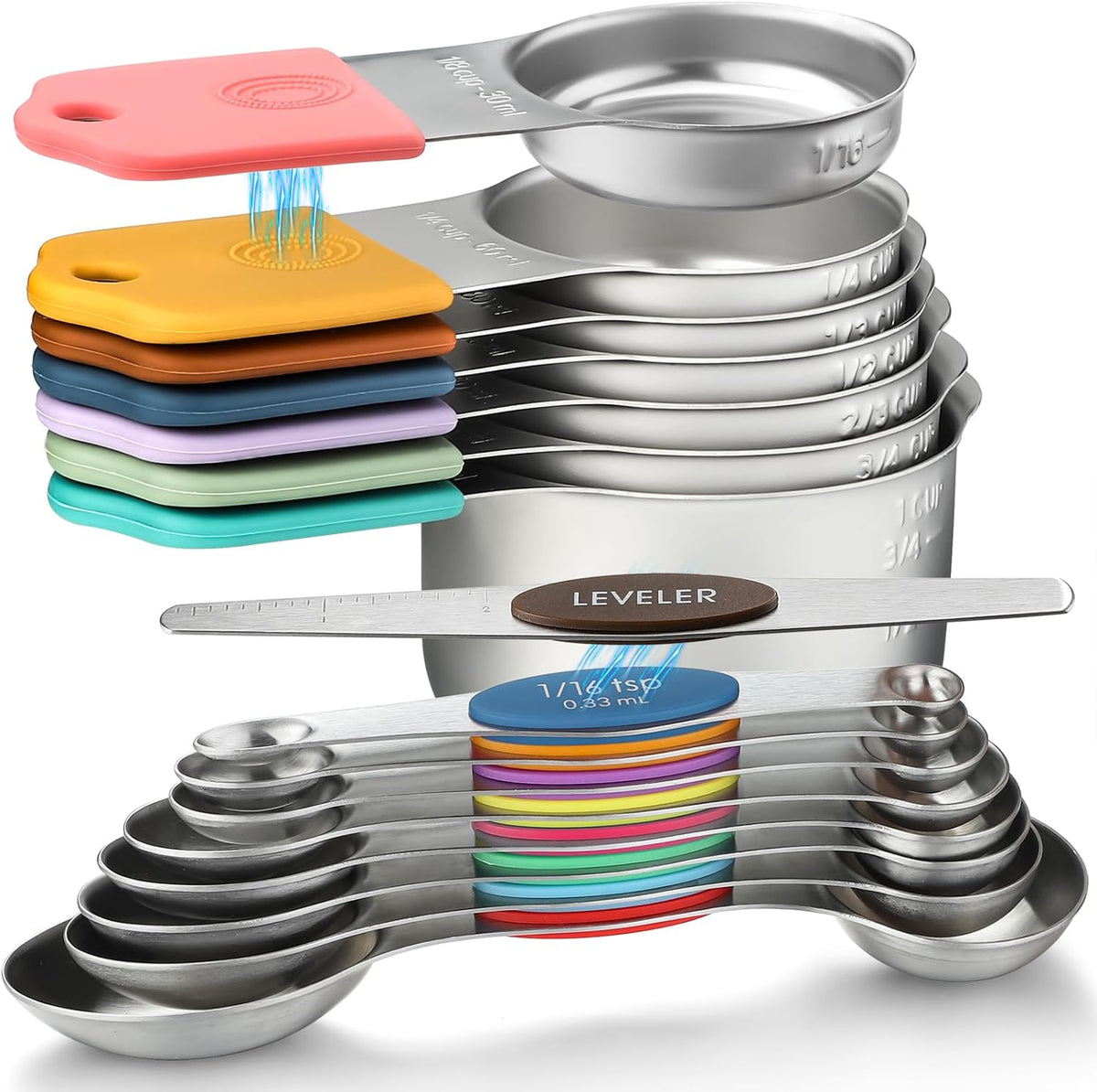 Set 16 Tazas y Cucharas Medidoras Magnéticas Acero Inox