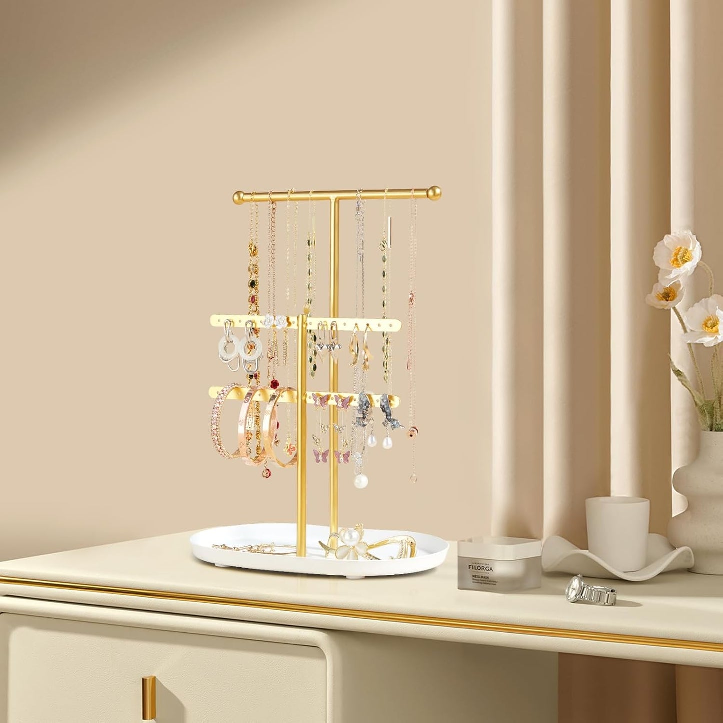 Organiz. joyas 2 niveles soporte exhibicion blanco dorado