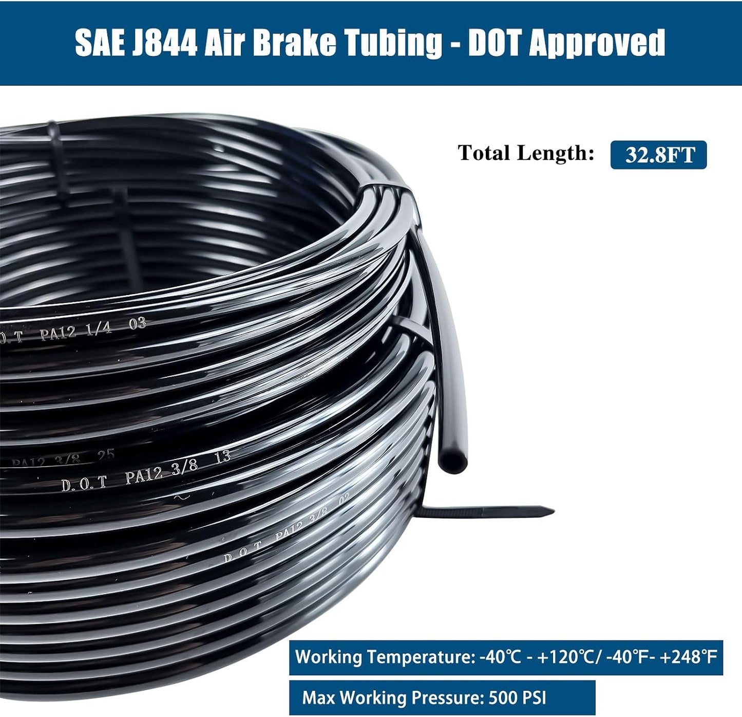 Tubo aire nailon negro 3/8pulg 32.8ft aprobado DOT