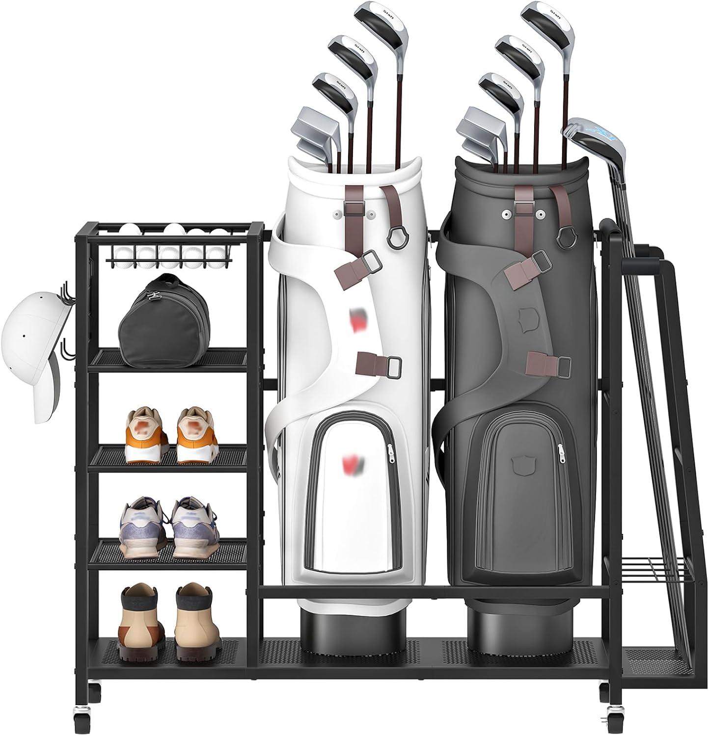 Organiz. bolsas golf con ruedas estante garaje