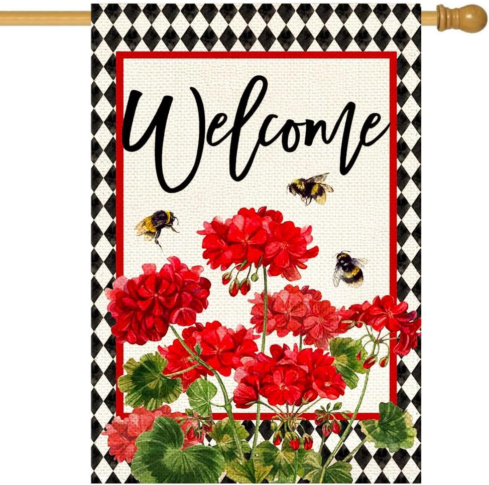Bandera primavera verano arpillera floral roja 28x40"
