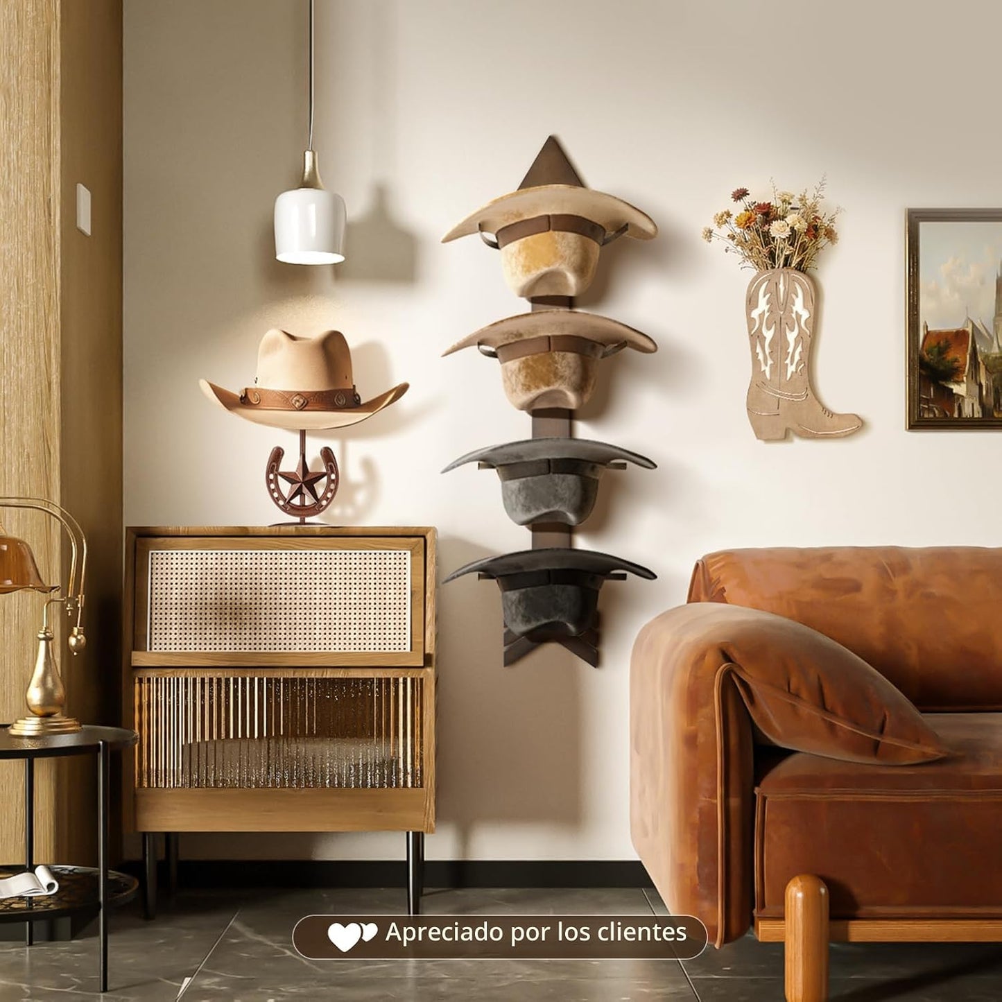 Soporte sombrero vaquero diseño flecha madera 4 pzas