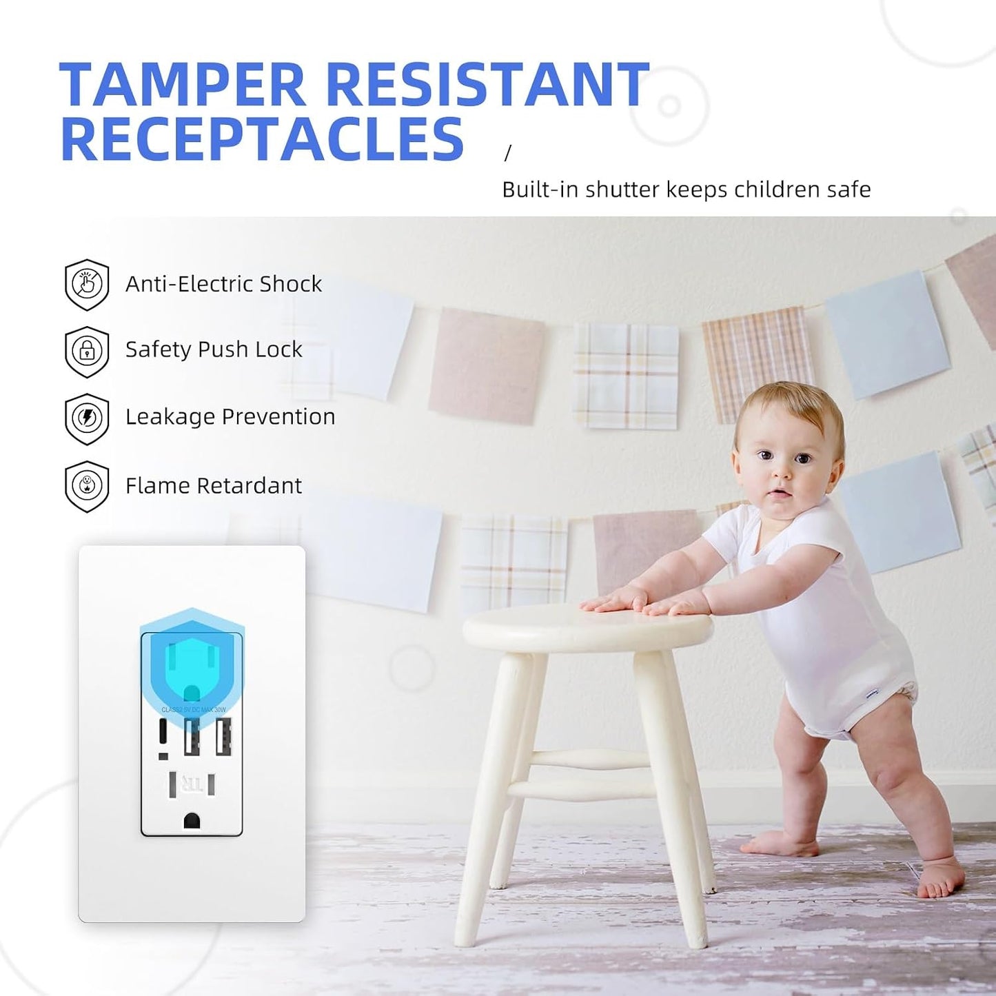 Receptáculo USB C pared 30W 3 puertos 15A