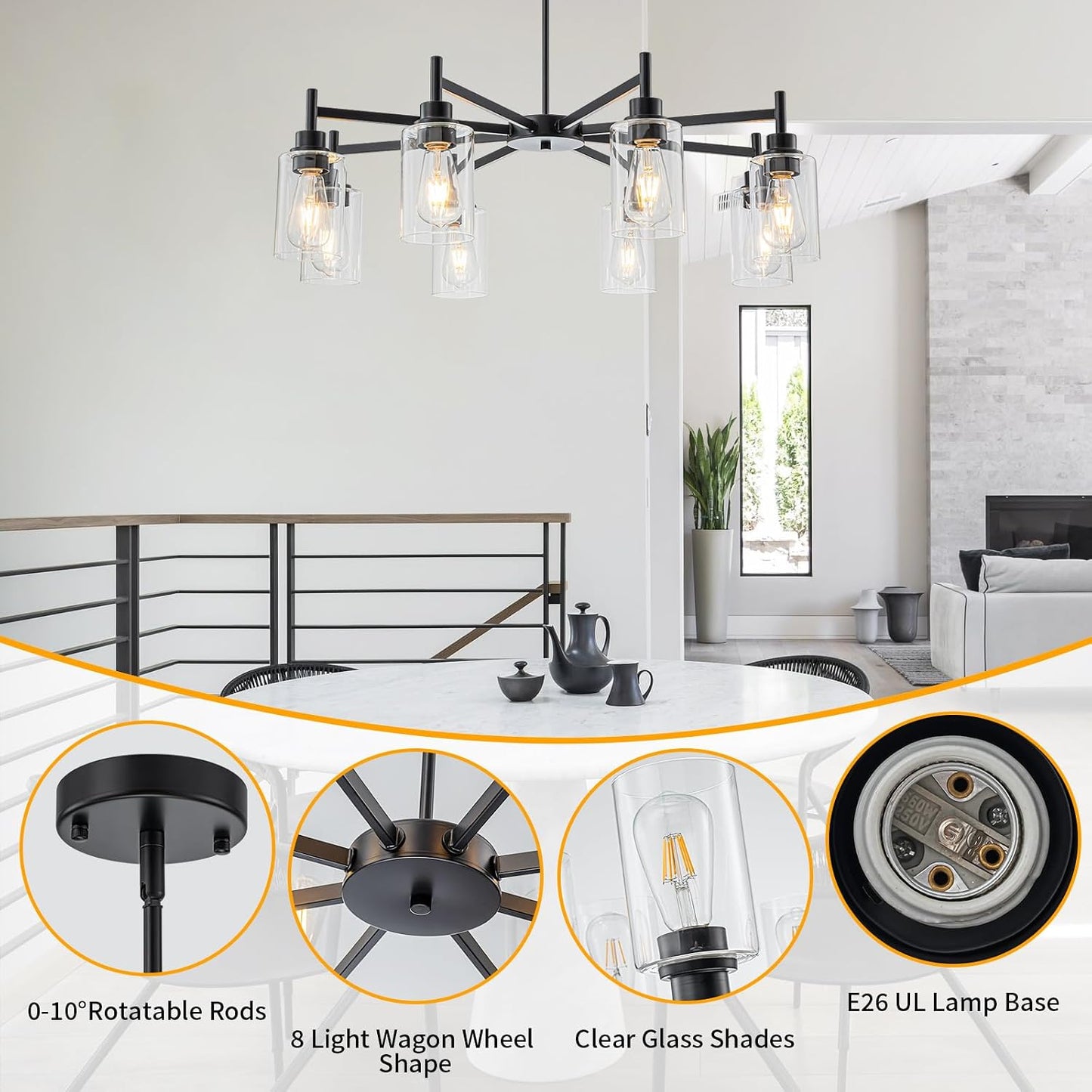 Candelabro negro mate 8 luces para comedor y cocina
