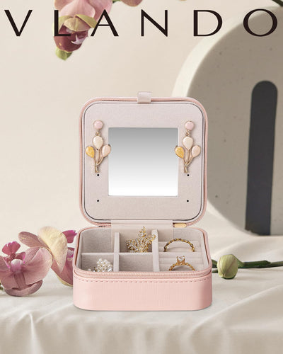 Organiz. joyas viaje con espejo rosa para mujer