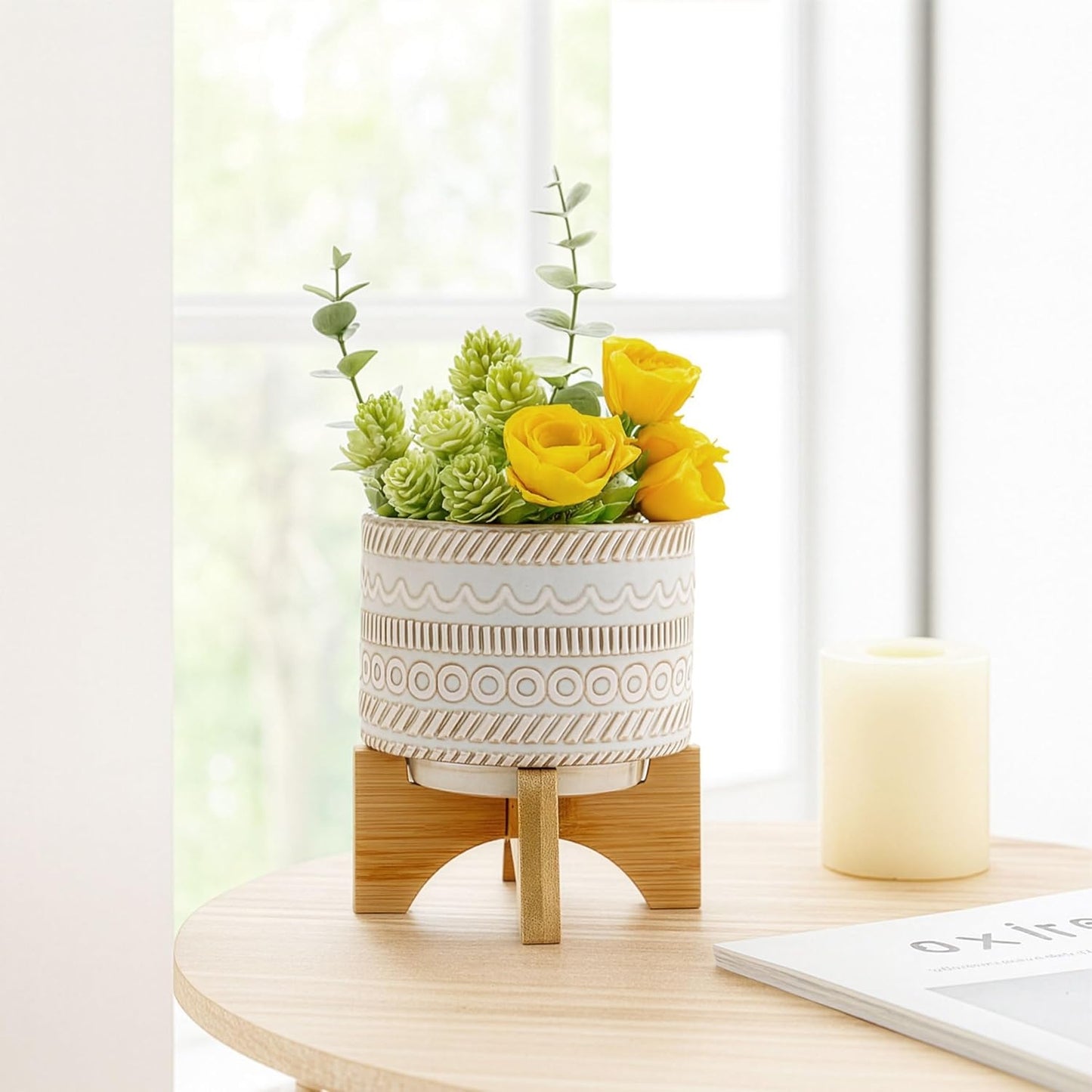 Maceta cerámica soporte base bambú estilo bohemio