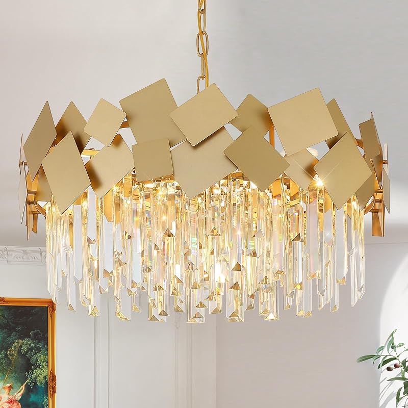 Candelabro cristal moderno dorado 24pulg 9 luces comedor