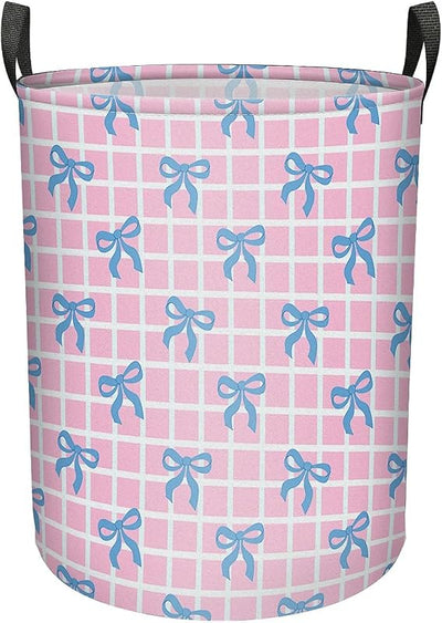 Cesta ropa sucia lazo azul a cuadros rosa grande