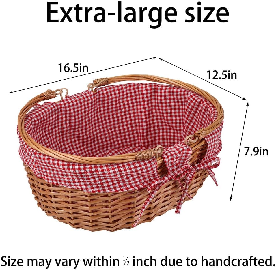 Cesta picnic mimbre asas forro extraíble rojo