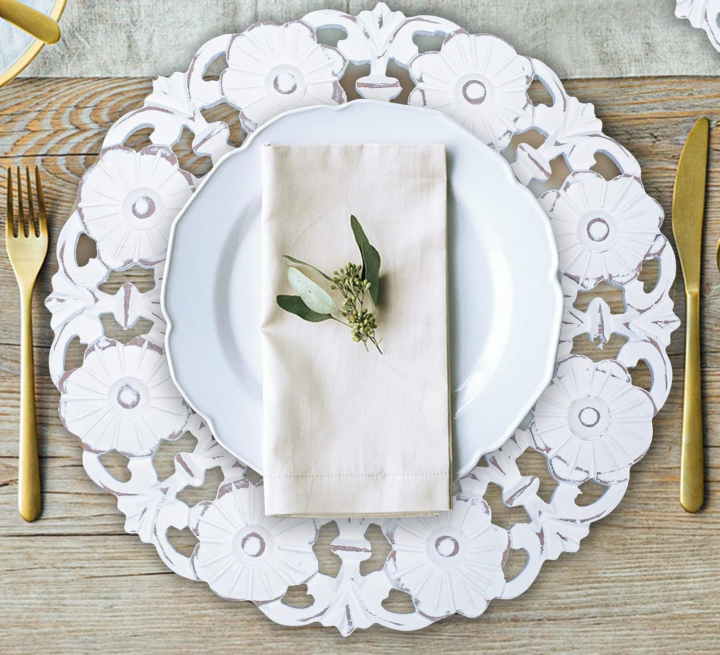 2 Pzas Platos Madera Blanca 13pulg Flores Mesa Comedor