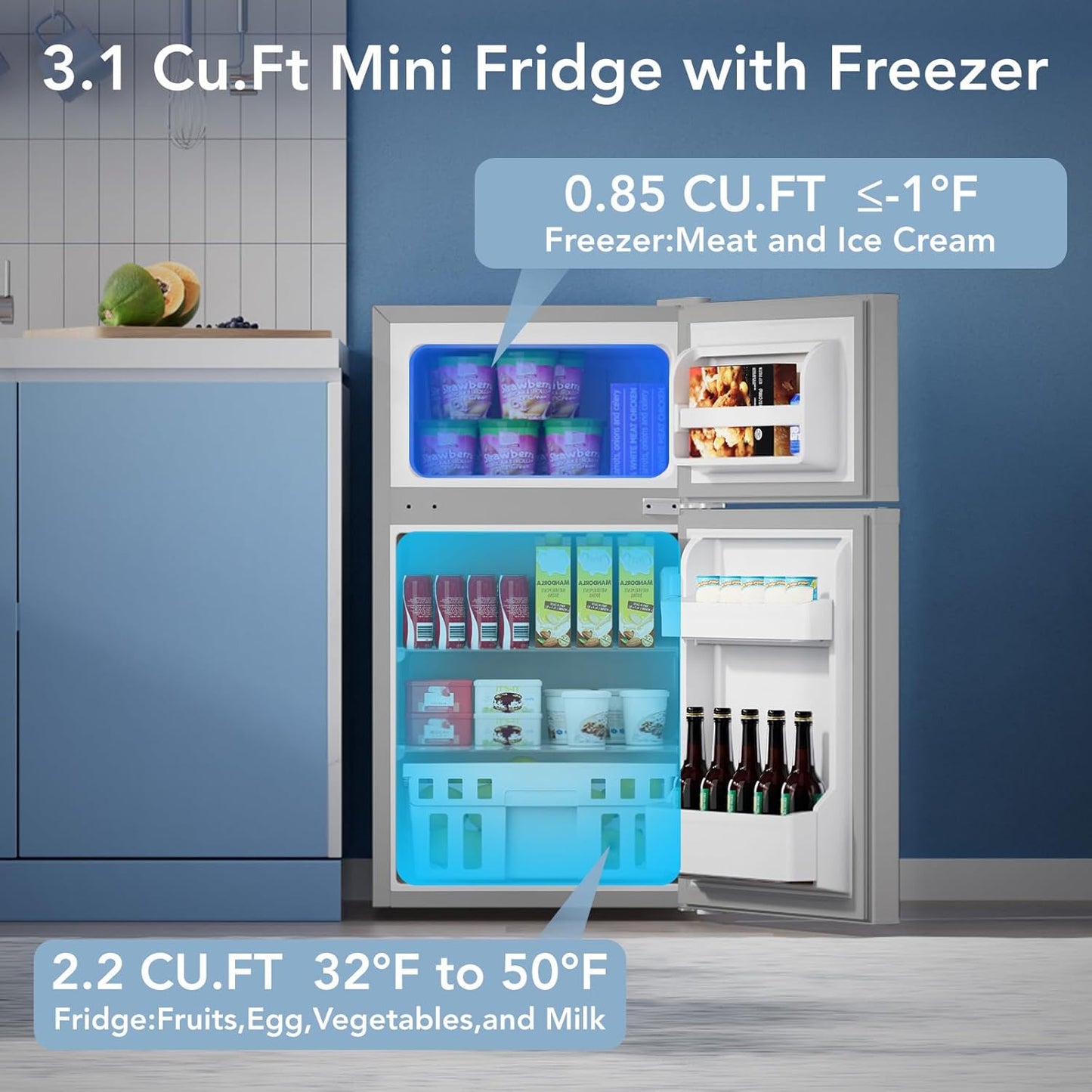 Mini refrigerador con congelador 3.2 pies cúbicos 2 puertas