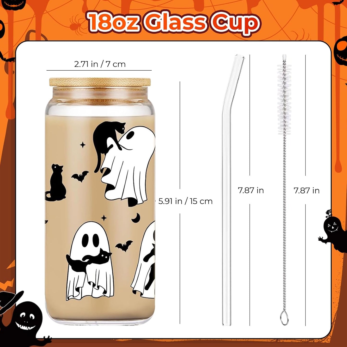 Vasos cristal Halloween 18oz con tapa y popote