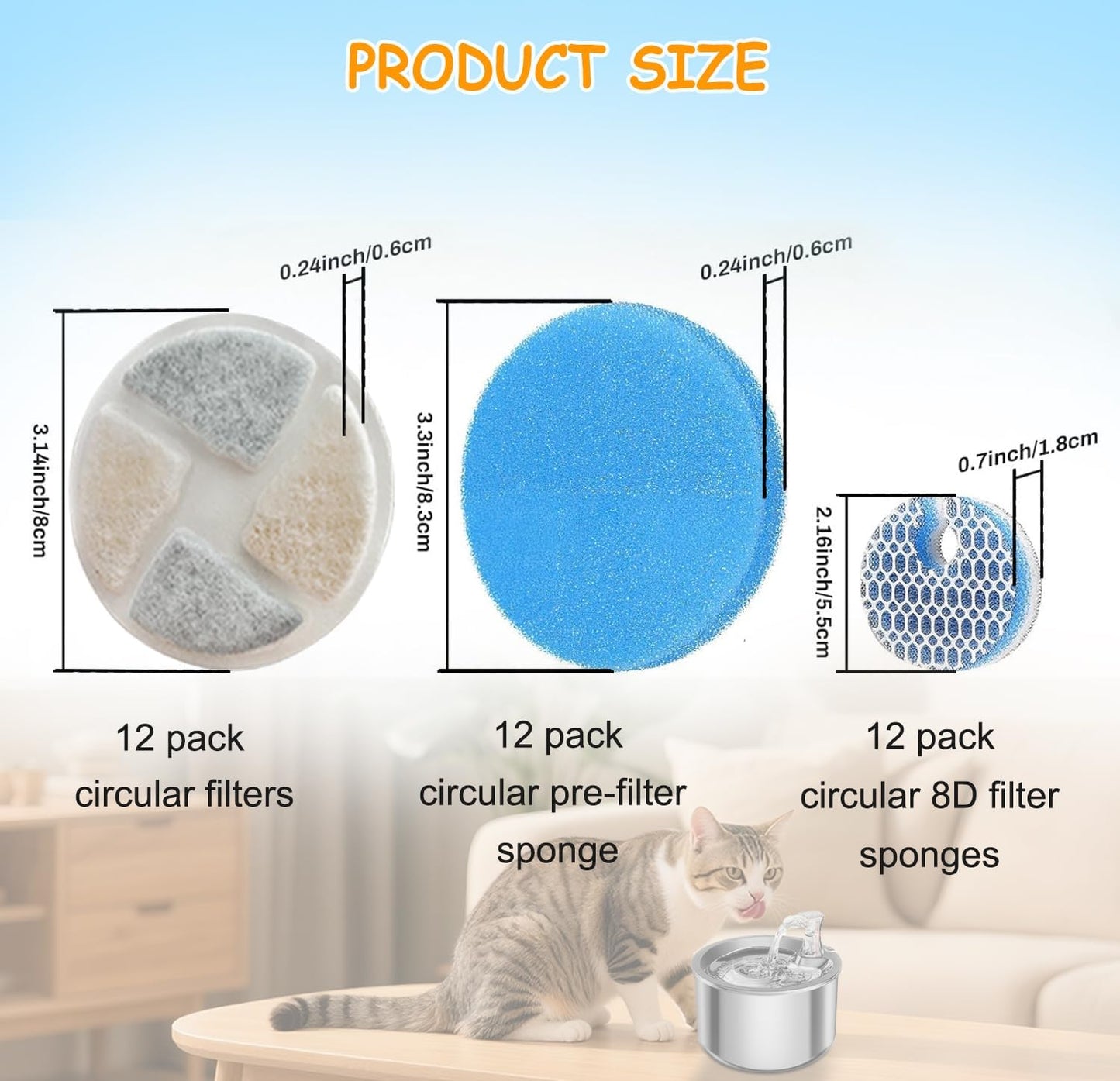 Set 12 filtros repuesto fuente gato 2l acero inox