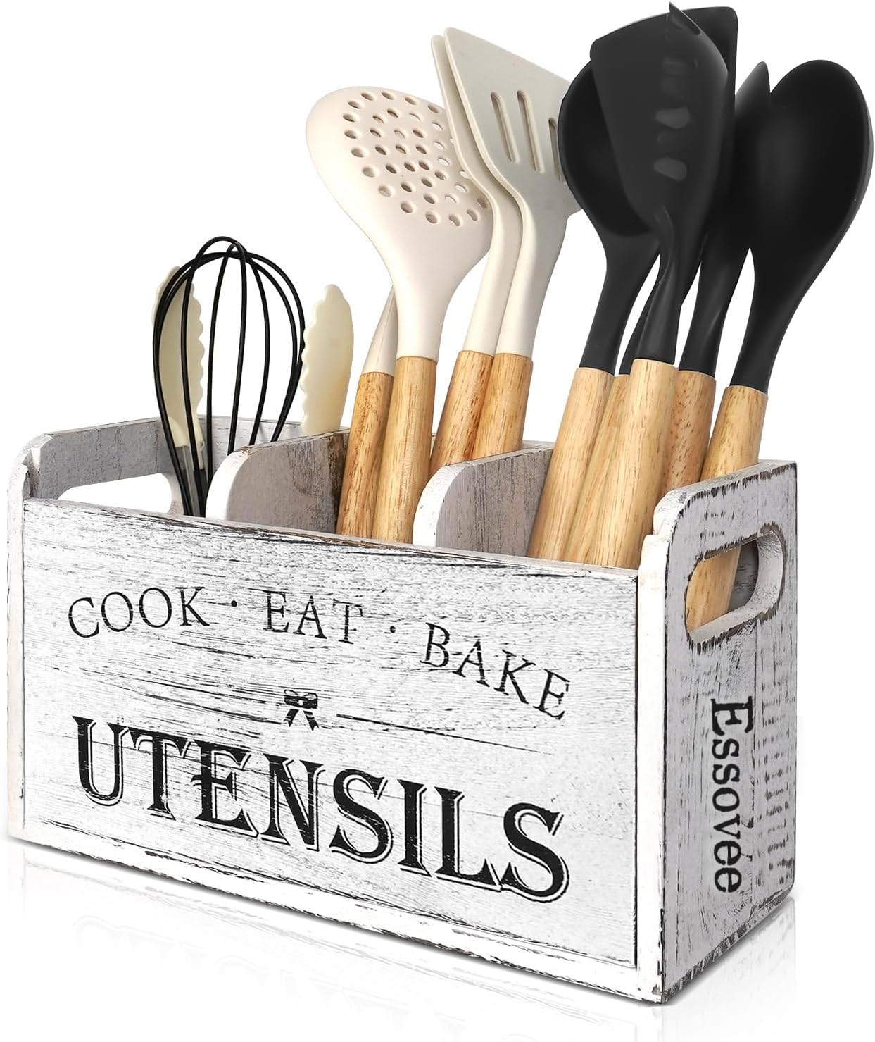 Soporte utensilios madera 3 compartimentos cocina rústica