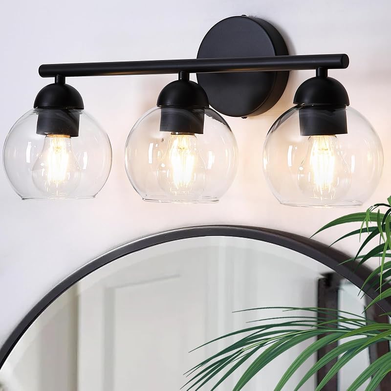 Lámpara tocad. baño 3 luces negra vidrio globo estilo granja