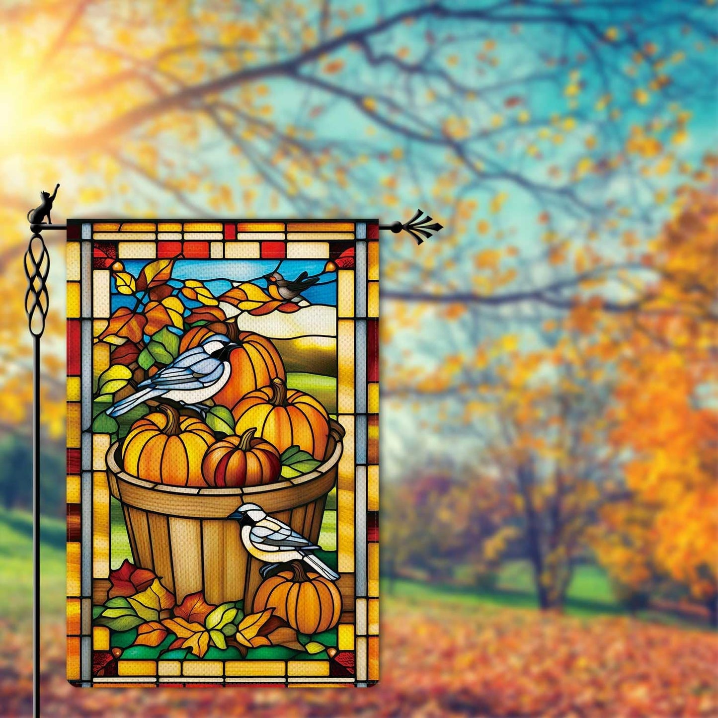Bandera jardín calabaza otoño estilo vitral doble cara rústica