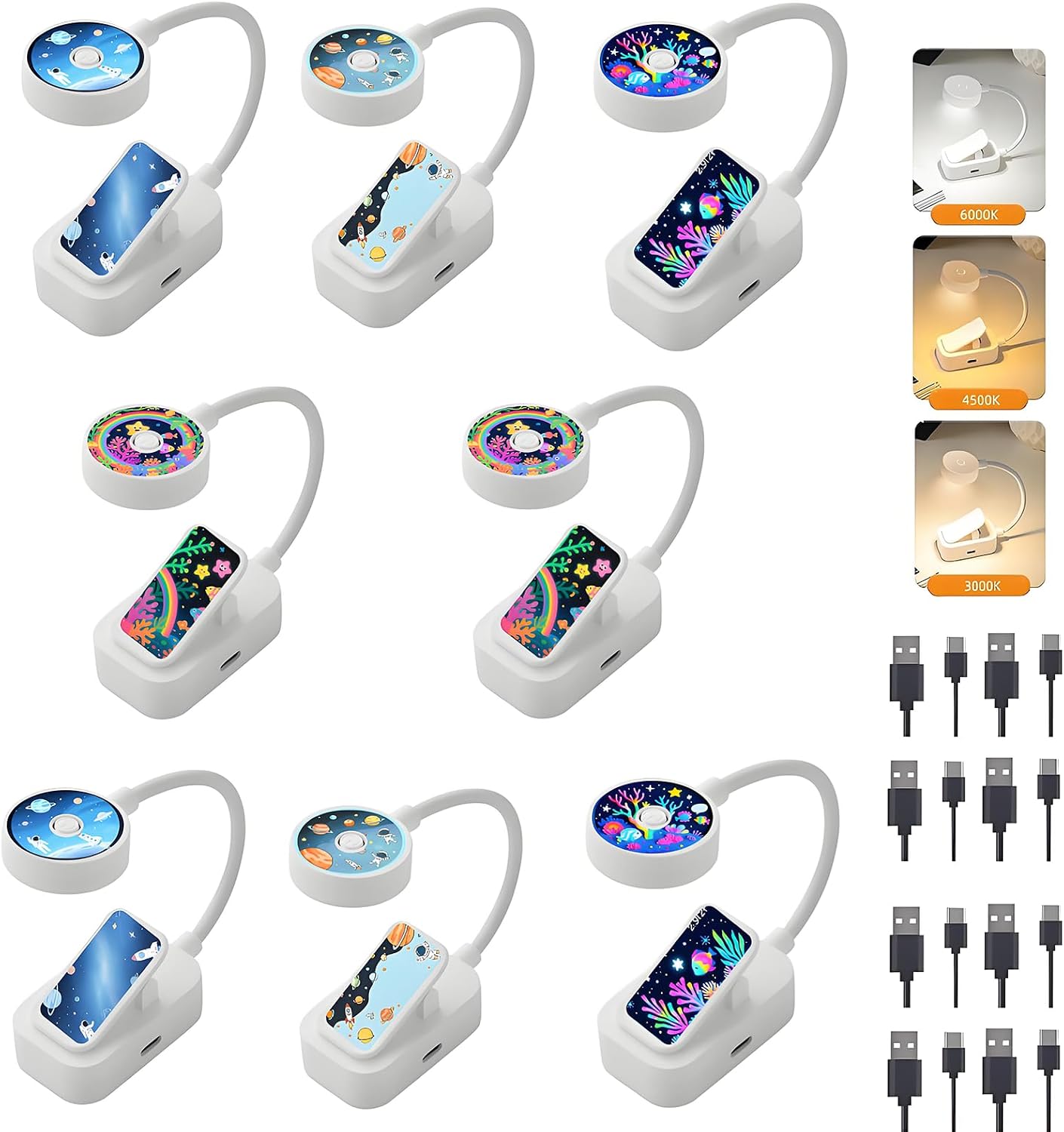 8 Luces Recargables para Leer en la Cama 3 Colores Ajustables