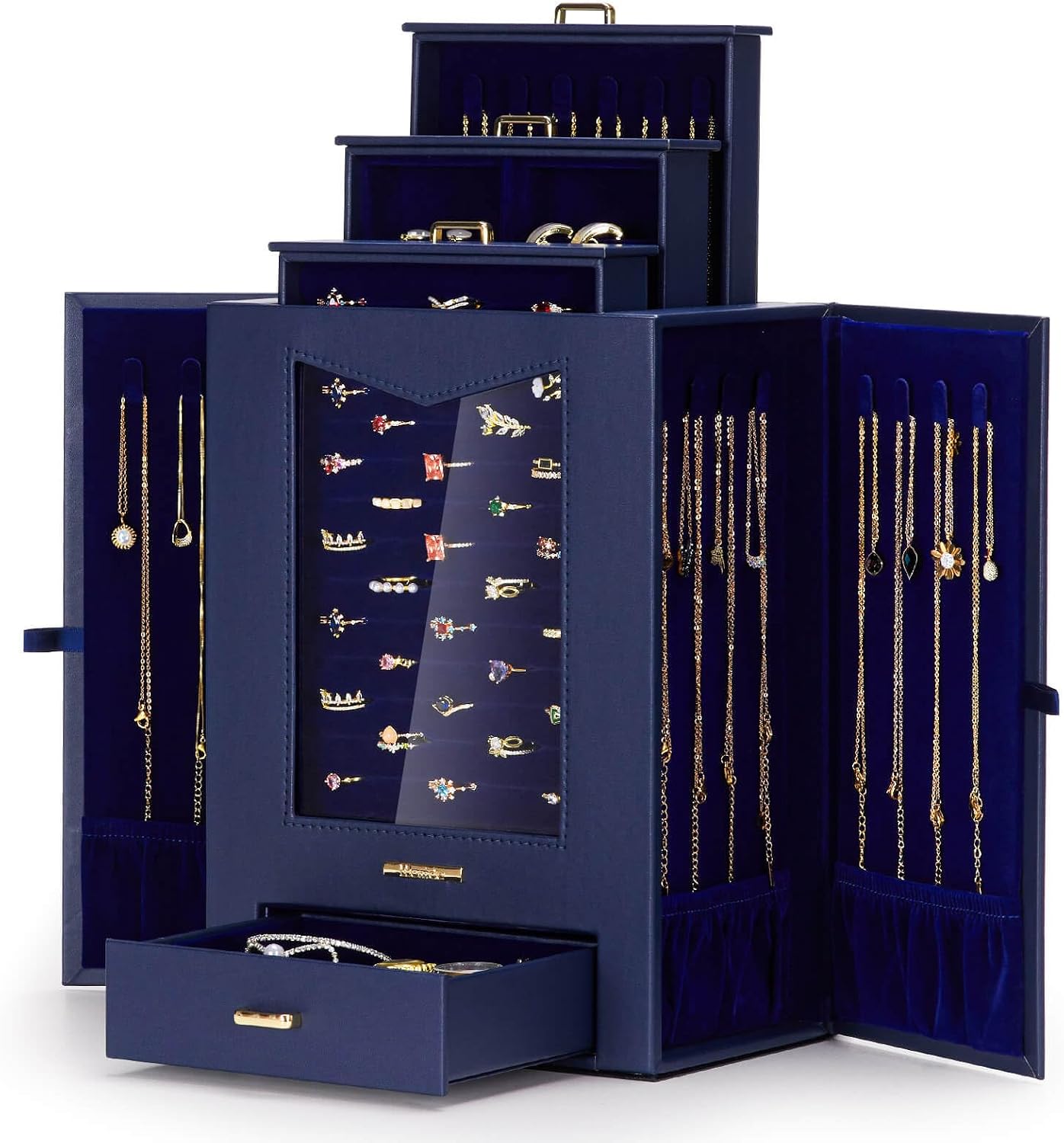 Organiz. joyas con ventanas ganchos collares anillos azul