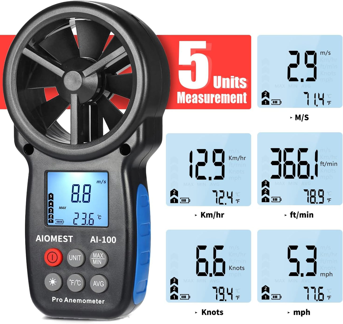 Anemometro digital AI-100 medidor velocidad viento aire HVAC