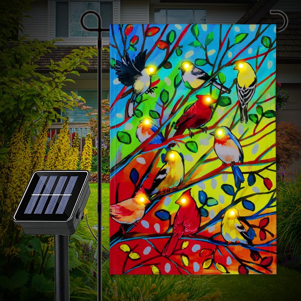 Banderas iluminadas jardín árbol pájaro 12x18" LED solar
