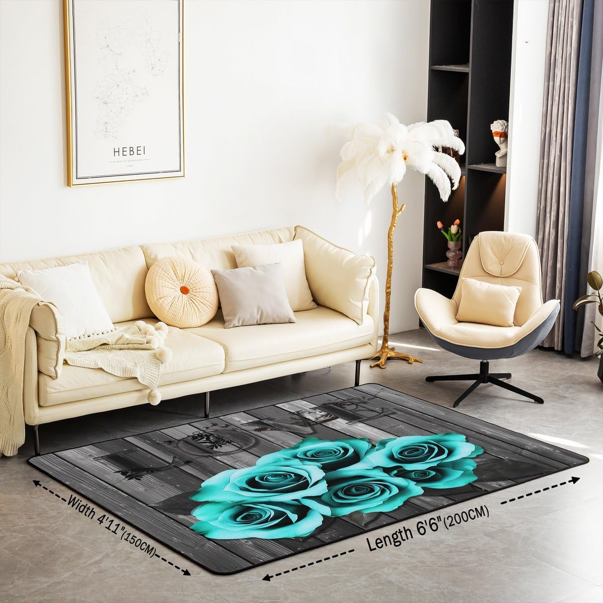 Alfombra gris turquesa con rosas 5x7pulg para mesita noche