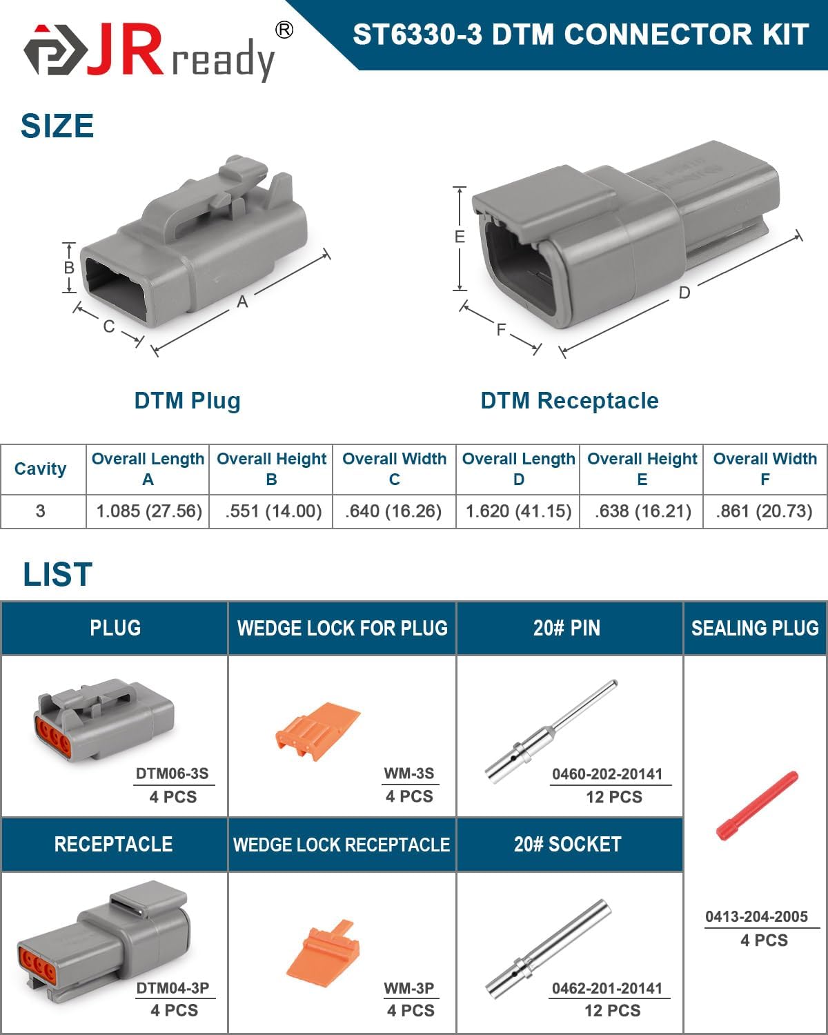 Set 4 conectores 3 pines ST6330-3 impermeables 20-22AWG