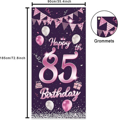 Cartel feliz cumpleaños 85 años globos rosa decoración puerta