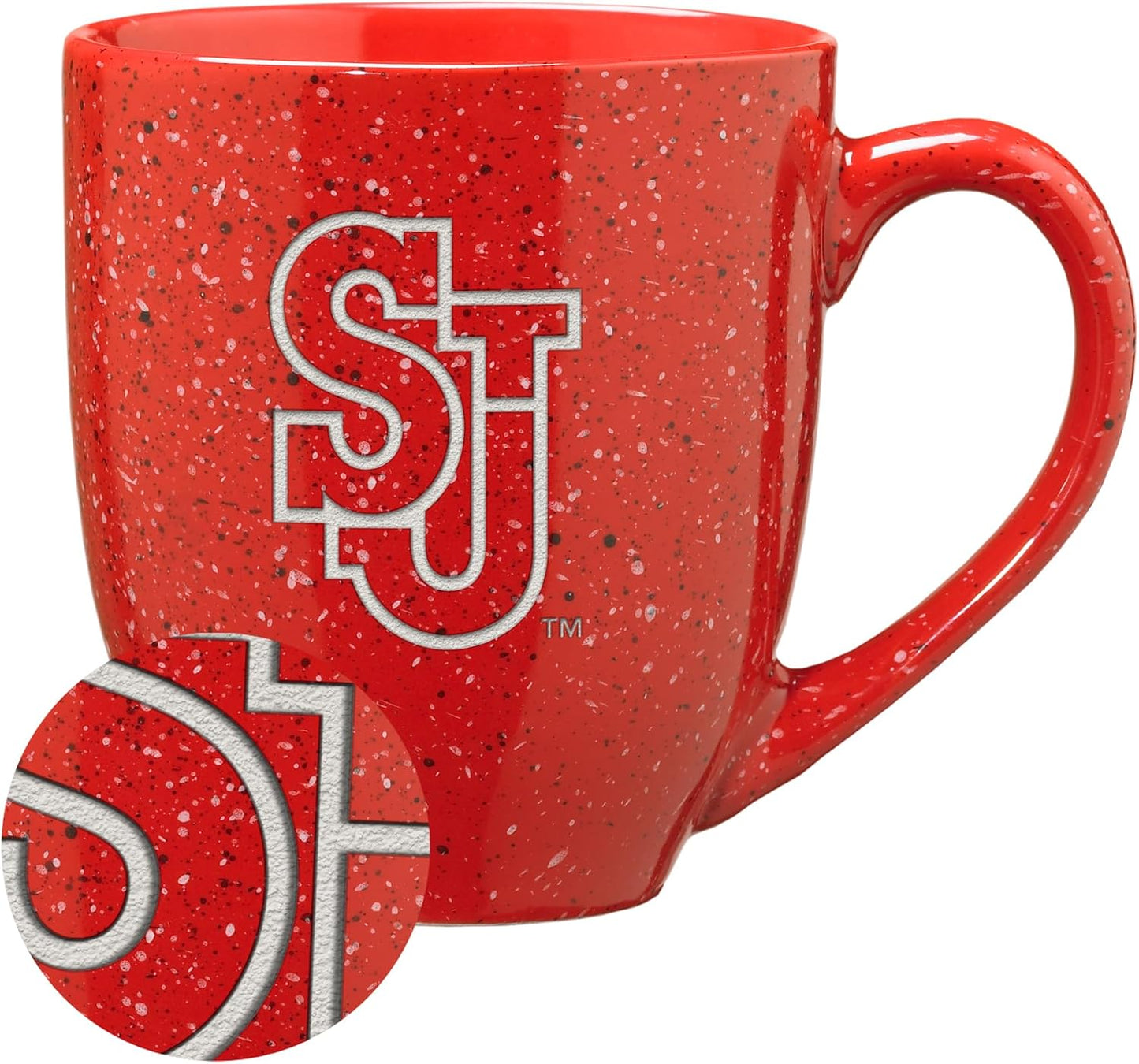 Taza café cerámica moteada grabado logotipo rojo 16oz