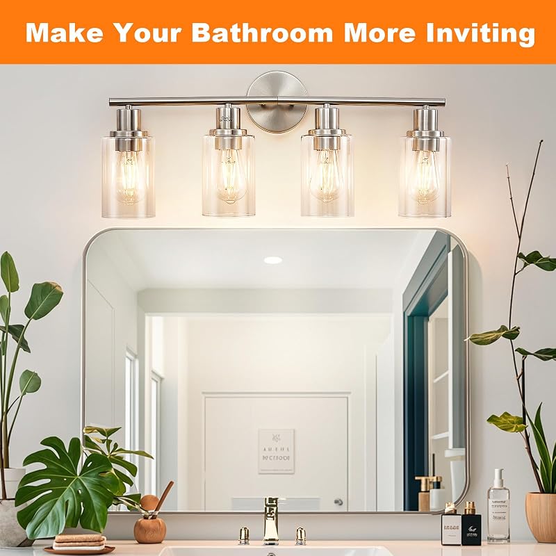 Lámpara baño 4 luces níquel pantalla vidrio transparente