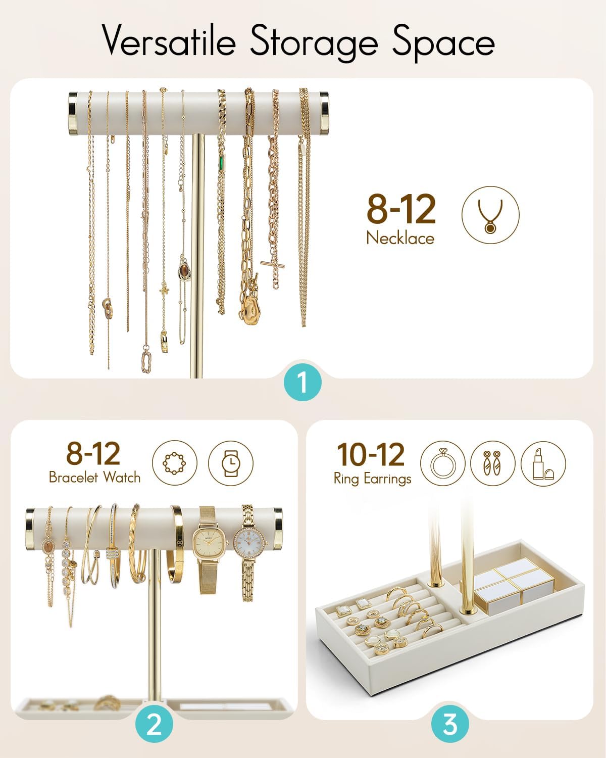 Organiz. pulseras 2 niveles cuero para joyas mujer blanco