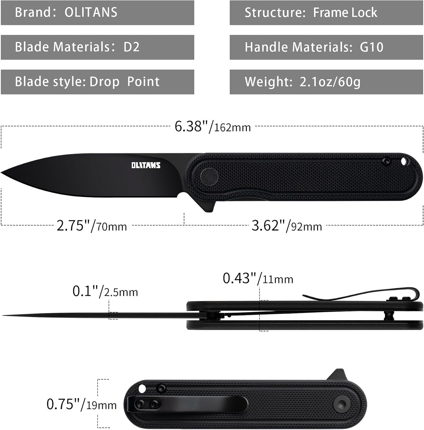 Cuchillo bolsillo G040 acero D2 2.75pulg mango G10 2.1oz