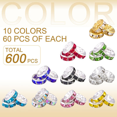 600 Pzas Cuentas Espaciadoras 8mm 10 Colores Cristal Strass