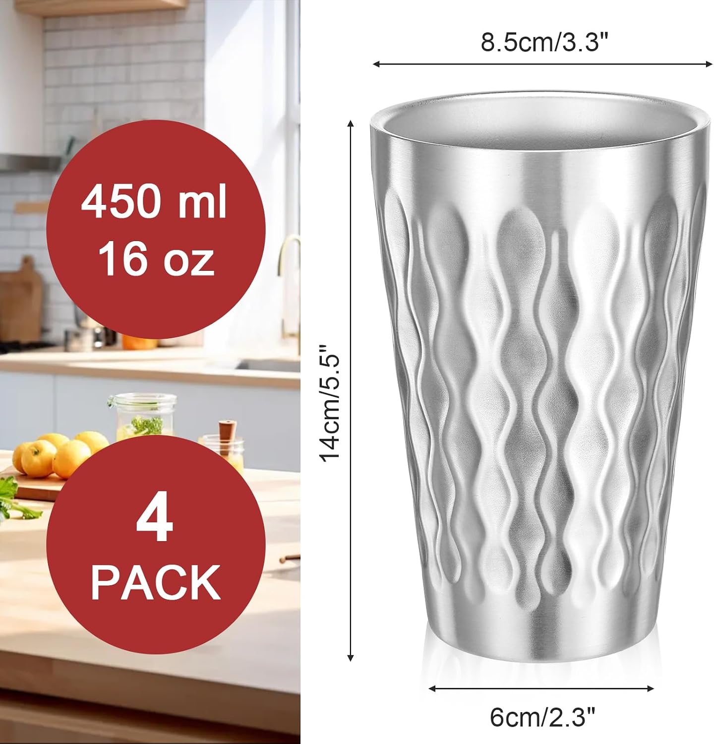 4 Vases Acero Inox Doble Pared 16oz Aislados Apilables