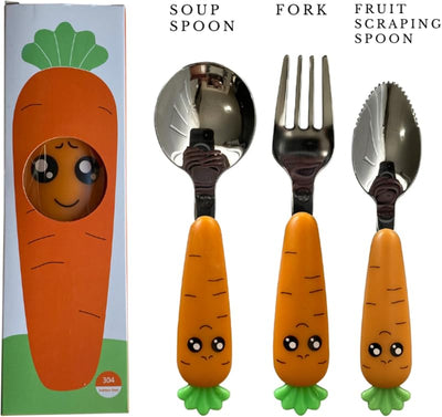 Set 3 Pzas Cubiertos Niños Forma Zanahoria con Estuche