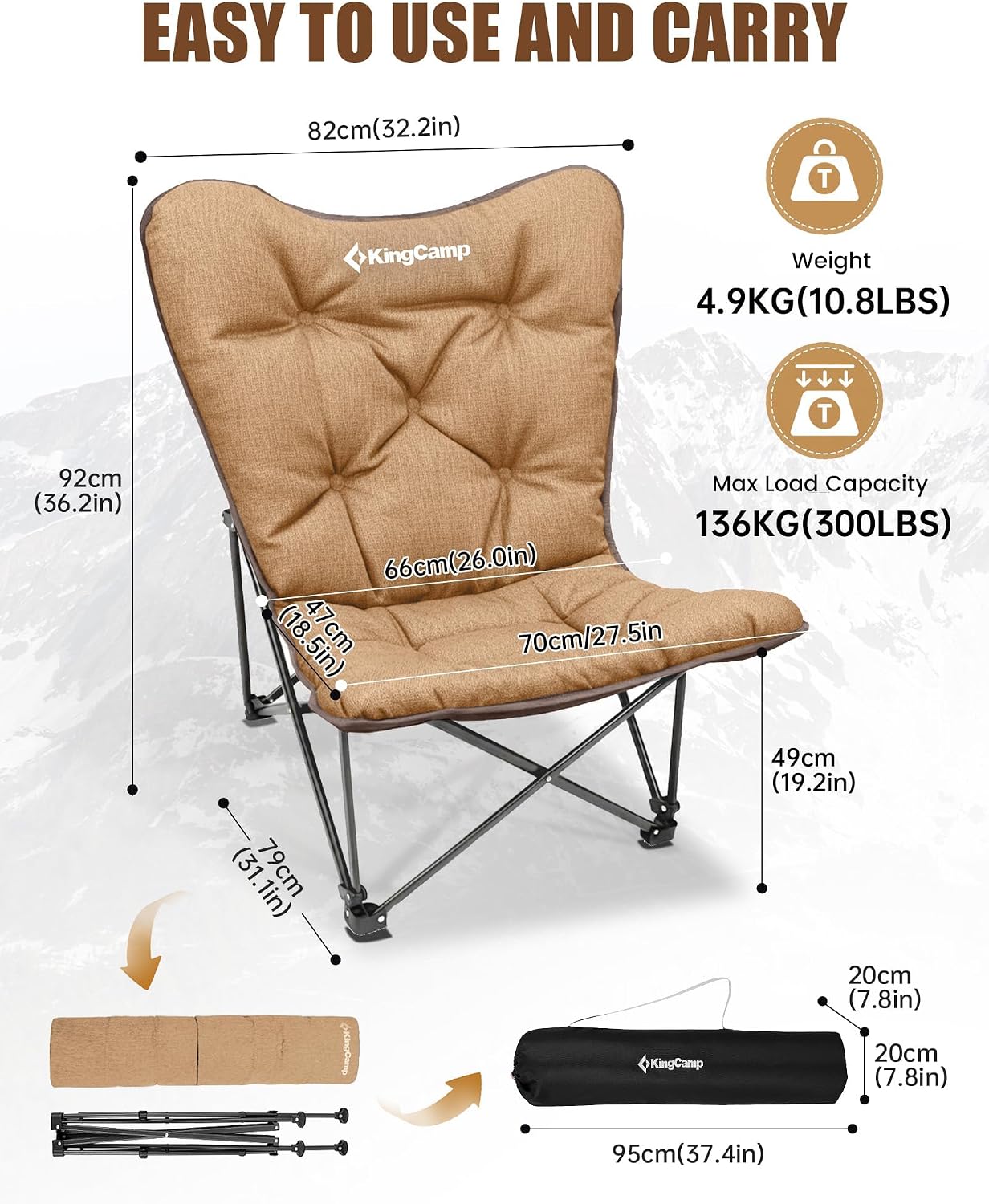 Silla plegable acolchada gran tamaño respaldo alto