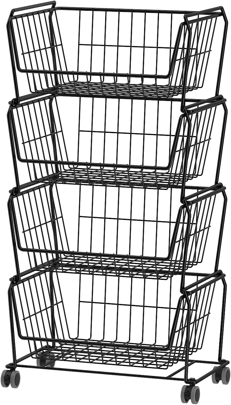 Cestas metal apilables con ruedas para cocina y hogar negro