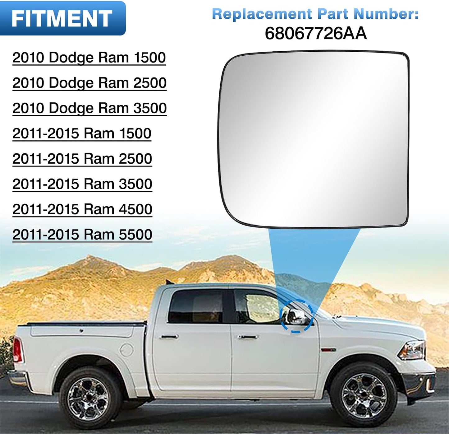 Espejo lateral derecho calefactado para Ram 1500-3500 10-20