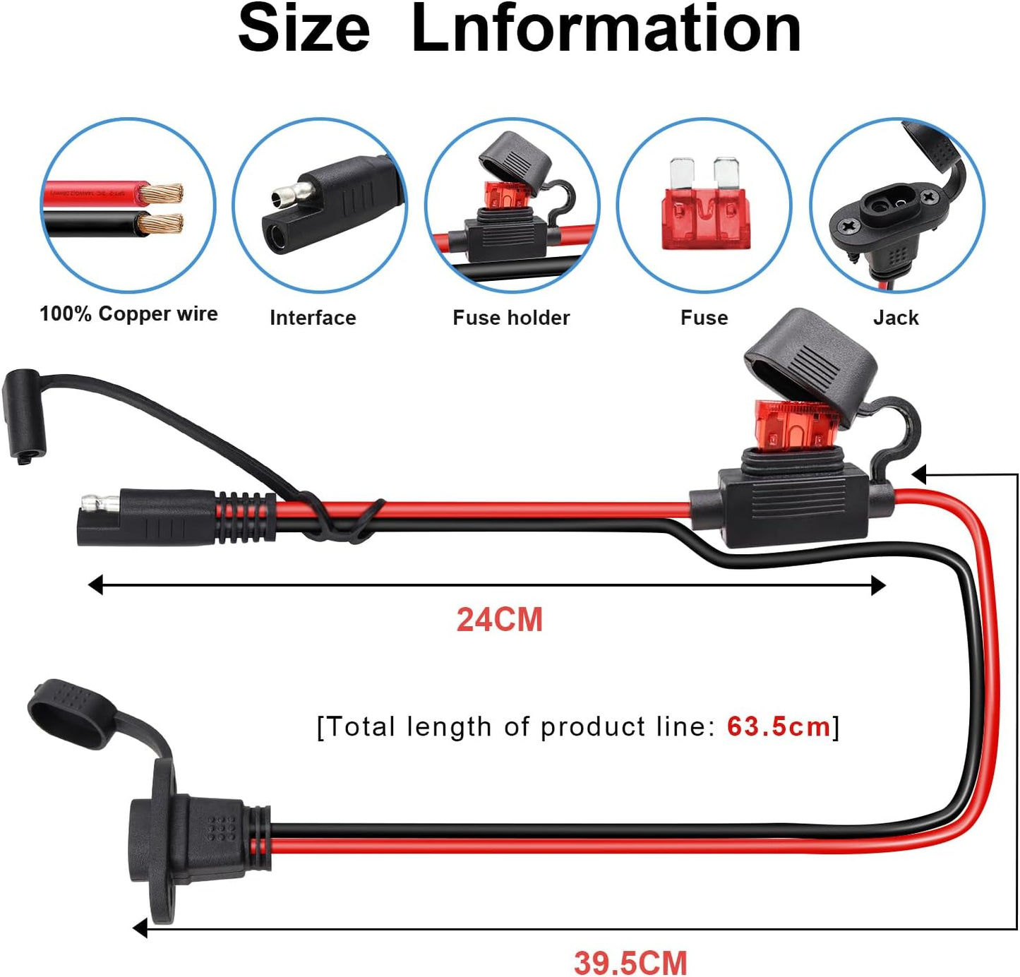 Pack 2 cables arnés conector SAE 1.8pies 14AWG 6 fusibles 10A