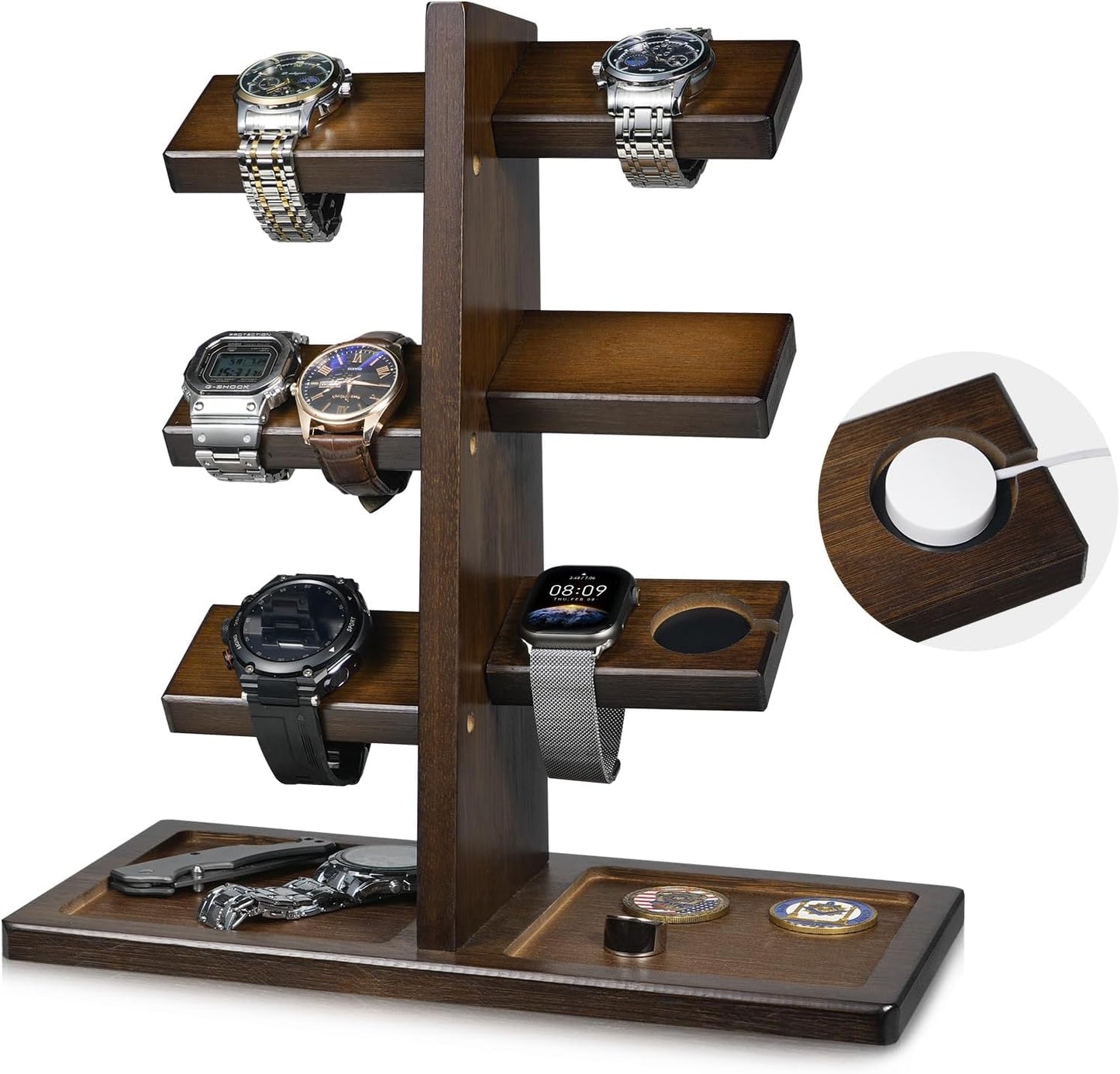Soporte reloj madera con estación carga y organiz. joyas