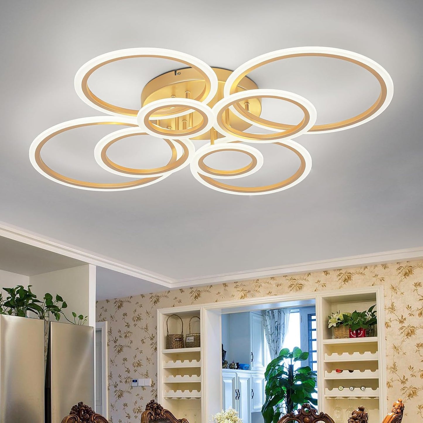 Lámpara techo LED empotrado 8 anillos dorados