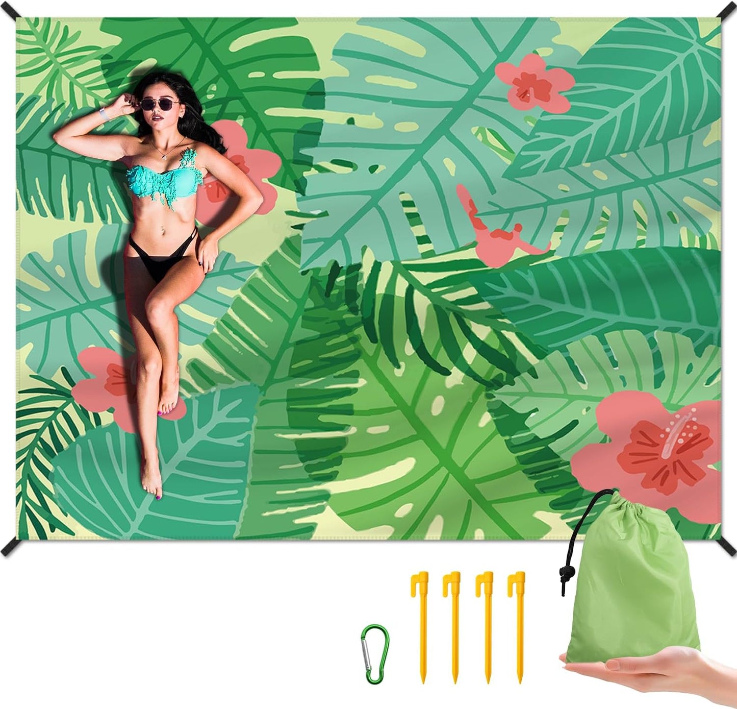 Manta playa impermeable 83x106" 4 estacas 4 bolsillos verde